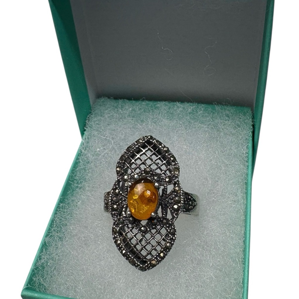 Vintage Sterling Silver Marcasite & Amber Ring | Size 8.5